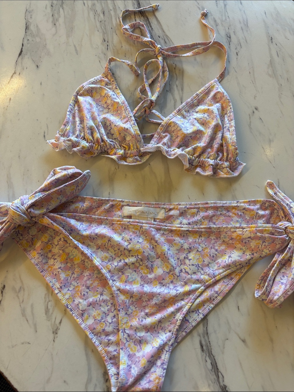 LoveShackFancy Lavender & Yellow Floral Ruffle Triangle Bikini